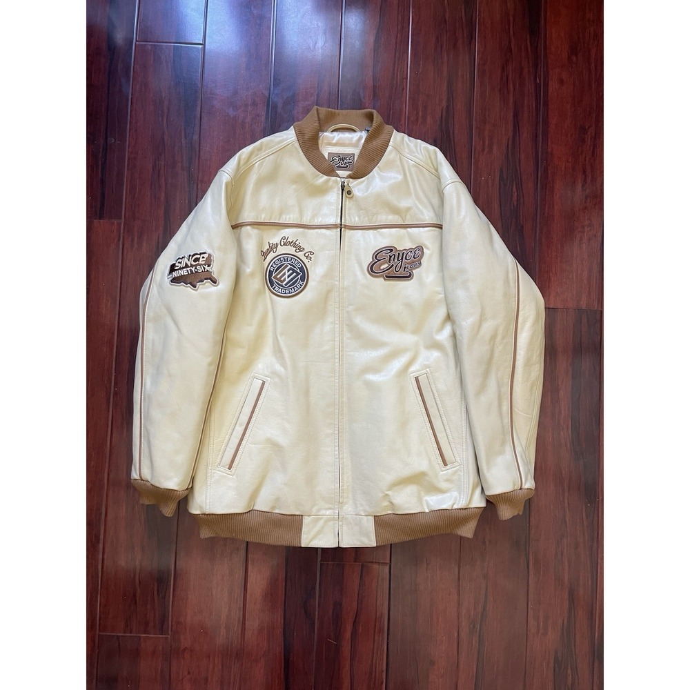 Enyce Jeans Leather Bomber Jacket Cream Brown 90s Vintage Streetwear Men Size XL